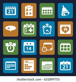 Reminder icons set. set of 16 reminder filled icons such as alarm, calendar, 14 date, medical appointment, 14 date calendar, bell, calendar with clock, clock alarm, pin