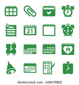 Reminder icons set. set of 16 reminder filled icons such as calendar, check list, 14 date, paper pin, bell, alarm, clock alarm