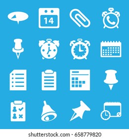 Reminder icons set. set of 16 reminder filled icons such as alarm, pin, calendar, paper, 14 date calendar, bell, calendar with clock, check list