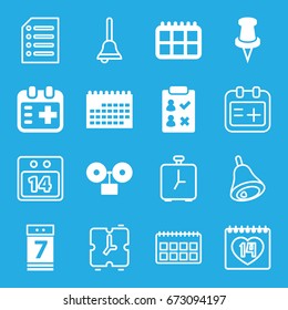Reminder icons set. set of 16 reminder filled and outline icons such as pin, medical appointment, calendar 7 date, alarm, 14 date, paper, 14 date calendar, bell, calendar
