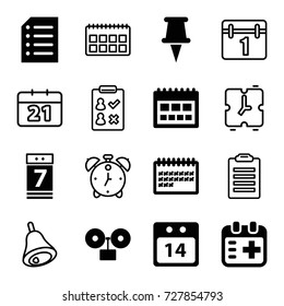 Reminder icons set. set of 16 reminder filled and outline icons such as calendar, medical appointment, calendar 7 date, pin, paper, 14 date calendar, alarm, bell