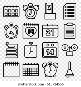 Reminder icons set. set of 16 reminder outline icons such as alarm, 14 date, paper pin, paper, 14 date calendar, bell, calendar, clock alarm