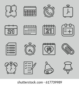 Reminder icons set. set of 16 reminder outline icons such as alarm, check list, 14 date, medical appointment, calendar, paper, bell, pin
