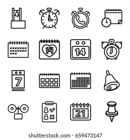 Reminder icons set. set of 16 reminder outline icons such as alarm, calendar, 14 date, pin, calendar 7 date, bell, clock alarm