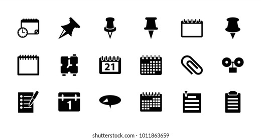 Reminder icons. set of 18 editable filled reminder icons: calendar, pin, check list, clip, paper pin, calendar with clock