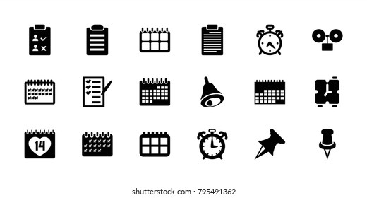 Reminder icons. set of 18 editable filled reminder icons: alarm, check list, calendar, 14 date, pin