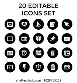 Reminder icons. set of 20 editable filled reminder icons such as calendar, 14 date, pin, medical appointment, calendar 7 date. best quality reminder elements in trendy style.