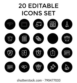 Reminder icons. set of 20 editable outline reminder icons such as clock alarm, pin, calendar, clip, paper, 14 date calendar. best quality reminder elements in trendy style.