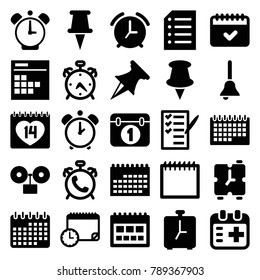 Reminder icons. set of 25 editable filled reminder icons such as alarm, calendar, pin, check list, 14 date, medical appointment, paper, bell, calendar with clock