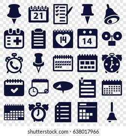 Reminder icons set. set of 25 reminder filled icons such as alarm, calendar, check list, 14 date, pin, medical appointment, paper pin, paper, 14 date calendar, bell