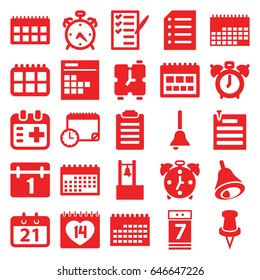 Reminder icons set. set of 25 reminder filled icons such as alarm, calendar, check list, 14 date, pin, medical appointment, calendar 7 date, paper pin, paper, bell