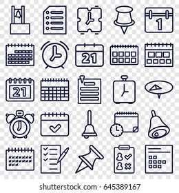 Reminder icons set. set of 25 reminder outline icons such as calendar, check list, paper pin, paper, bell, calendar with clock, alarm, clock alarm