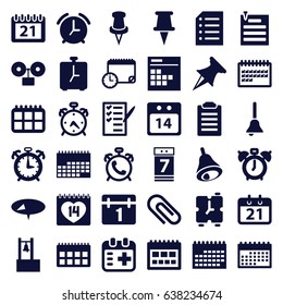 Reminder icons set. set of 36 reminder filled icons such as alarm, calendar, check list, 14 date, pin, medical appointment, calendar 7 date, paper pin, paper, bell