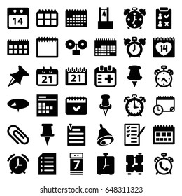 Reminder icons set. set of 36 reminder filled icons such as alarm, calendar, check list, 14 date, pin, medical appointment, calendar 7 date, paper pin, paper, bell