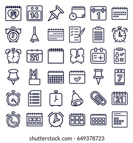 Reminder icons set. set of 36 reminder outline icons such as alarm, calendar, check list, 14 date, medical appointment, calendar 7 date, pin, paper, bell, clock alarm