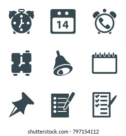 Reminder icons. set of 9 editable filled reminder icons such as check list, pin, 14 date calendar, bell, alarm