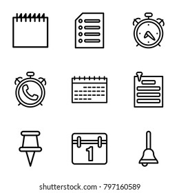 Reminder icons. set of 9 editable outline reminder icons such as alarm, calendar, pin, paper pin, paper
