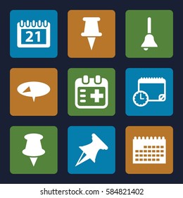 reminder icons set. Set of 9 reminder filled icons such as medical appointment, calendar, pin, bell