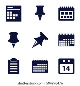 reminder icons set. Set of 9 reminder filled icons such as pin, calendar, 14 date calendar