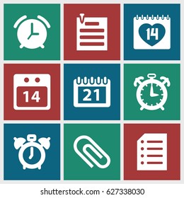 Reminder icons set. set of 9 reminder filled icons such as 14 date, calendar, paper pin, paper, 14 date calendar, alarm, clock alarm