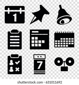 Reminder icons set. set of 9 reminder filled icons such as calendar, calendar 7 date, bell, alarm, pin