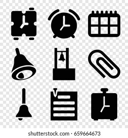 Reminder icons set. set of 9 reminder filled icons such as paper pin, bell, alarm, calendar