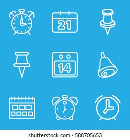 reminder icons set. Set of 9 reminder outline icons such as pin, 14 date calendar, bell, calendar