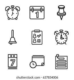 Reminder icons set. set of 9 reminder outline icons such as calendar, pin, calendar 7 date, paper pin, bell, calendar with clock, alarm