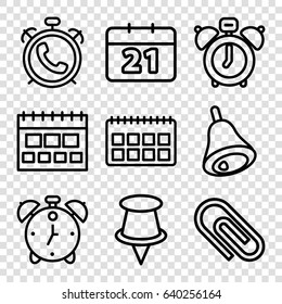 Reminder icons set. set of 9 reminder outline icons such as alarm, bell, calendar, clock alarm, pin
