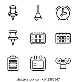 Reminder icons set. set of 9 reminder outline icons such as pin, medical appointment, bell, alarm, check list