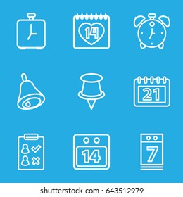 Reminder icons set. set of 9 reminder outline icons such as 14 date, calendar, calendar 7 date, 14 date calendar, bell, alarm, pin