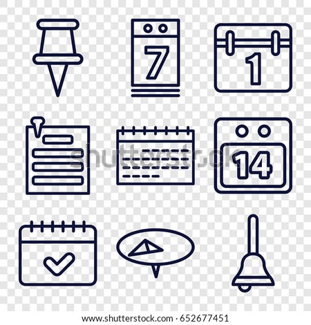 Reminder icons set. set of 9 reminder outline icons such as calendar, calendar 7 date, pin, paper pin, 14 date calendar