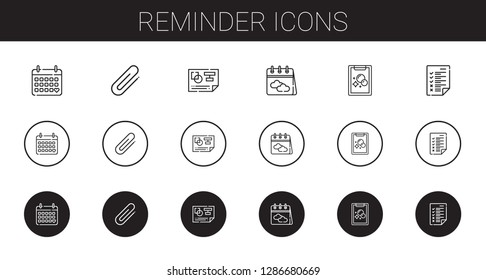 reminder icons set. Collection of reminder with calendar, clip, planning, tasks. Editable and scalable reminder icons.