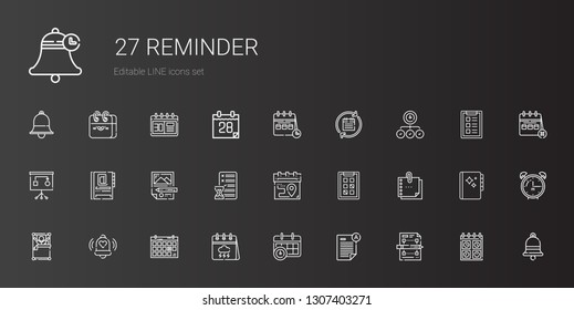 reminder icons set. Collection of reminder with planning, exam, calendar, bell, wake up, sticky note, tasks, agenda, task, alarm clock. Editable and scalable reminder icons.