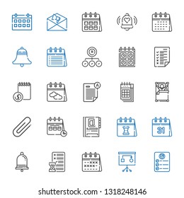 reminder icons set. Collection of reminder with task, planning, calendar, notification, agenda, clip, wake up, exam, tasks, bell. Editable and scalable reminder icons.