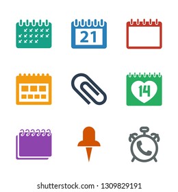 reminder icons. Trendy 9 reminder icons. Contain icons such as alarm, pin, calendar, date, clip. reminder icon for web and mobile.