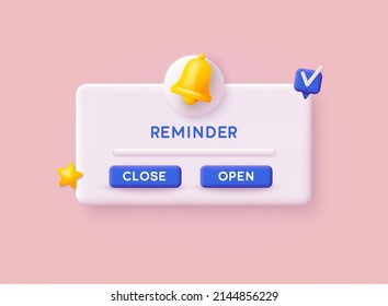 Reminder Illustration, page with floating elements. Notifications. Web banner. Concept web design, website page development. 3D Web Vector Illustrations.