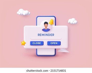 Reminder Illustration, page with floating elements. Notifications. Web banner. Concept web design, website page development. 3D Web Vector Illustrations.