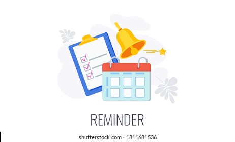 Reminder Infographics Icon. Check sheet, calendar and bell. Reminder on your phone, computer or website. Alert about an incoming message or email. Flat cartoon illustration.