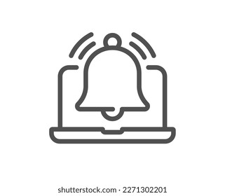 Reminder line icon. Laptop with notice bell sign. Online alert symbol. Quality design element. Linear style reminder icon. Editable stroke. Vector