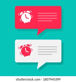 Reminder message notice with alarm clock bubble to wake up vector, watch timer notification flat icon, text chat alert red white color collection set isolated
