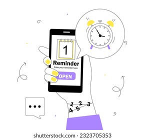 Reminder message at smartphone line concept. Notification from mobile application, organization of efficient workflow. Planning and time management. Linear flat vector illustration