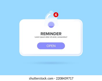 Reminder in modern trendy 3D style and glass morphism. Notification page. Glass morphism bell icon. Business planning, events, reminder and timetable. Vector Illustration