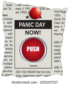 Reminder in the newspaper Panic Day. Panic Day button to celebrate this March 9th event.