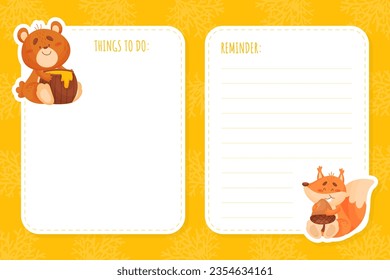 Reminder and Note Card with Funny Forest Animal Vector Template