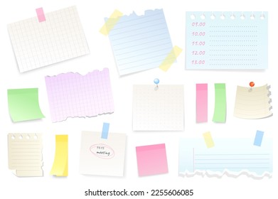Reminder notepad sheets set graphic elements in flat design. Bundle of blank torn pieces of paper with tape or thumbtack, meeting reminder or to do list with pin. Vector illustration isolated objects
