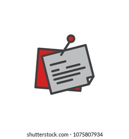 Reminder notes with pin filled outline icon, line vector sign, linear bicolor pictogram isolated on white. Pinned notes paper symbol, logo illustration. Pixel perfect vector graphics