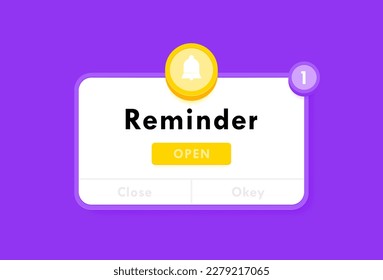 Reminder notification about events, business planning, timetable or date reminder. Reminder pop up box with a bell. Modern flat style vector illustration.