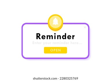 Reminder notification about events, business planning, timetable or date reminder. Reminder pop up box with a bell. Modern flat style vector illustration.