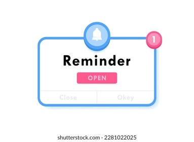 Reminder notification about events, business planning, timetable or date reminder. Reminder pop up box with a bell. Modern flat style vector illustration.